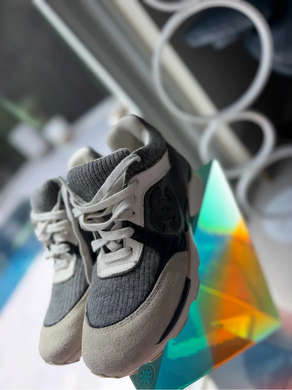 CHANEL Kids' Gray Knit Logo Back Sneakers